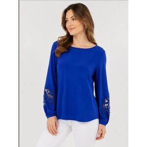 Dennis Basso Women's Cobalt Blue Long Sleeve With Cutout On Sleeve Small